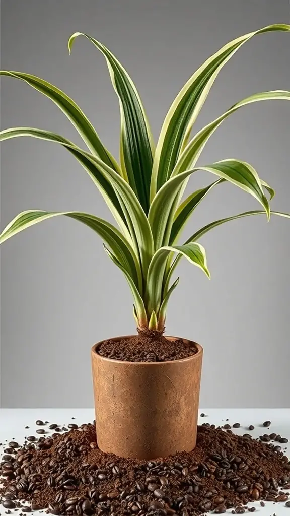 A Dracaena plant with strong roots surrounded by coffee grounds.