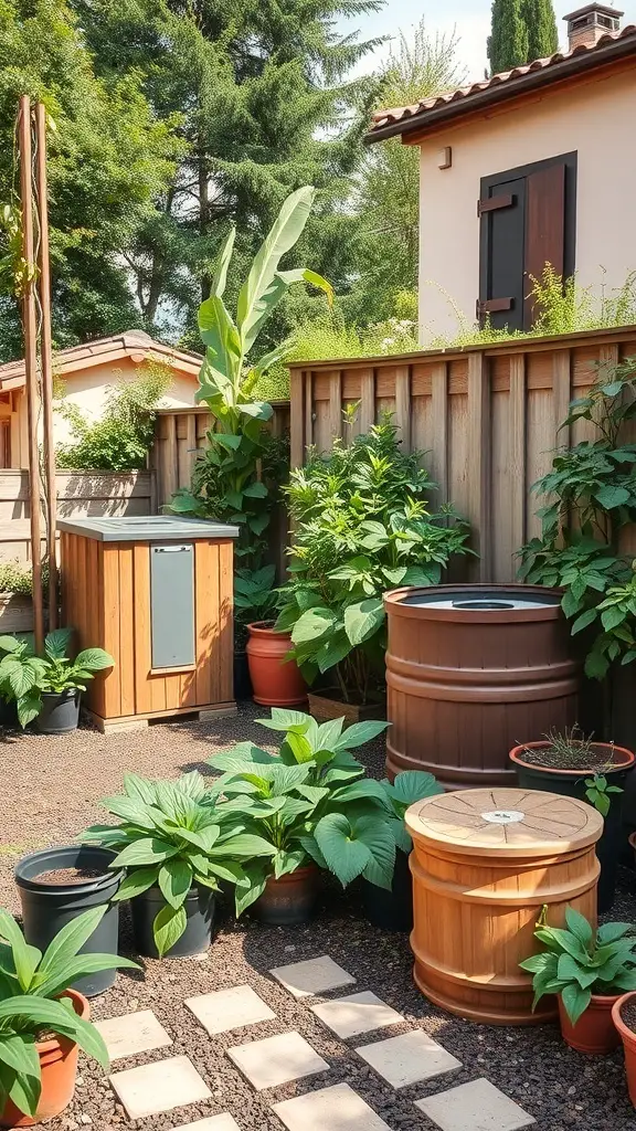 25+ Stunning Italian Garden Ideas for Your Outdoor Space 15 A sustainable Italian garden featuring wooden containers, a compost bin, and various plants.