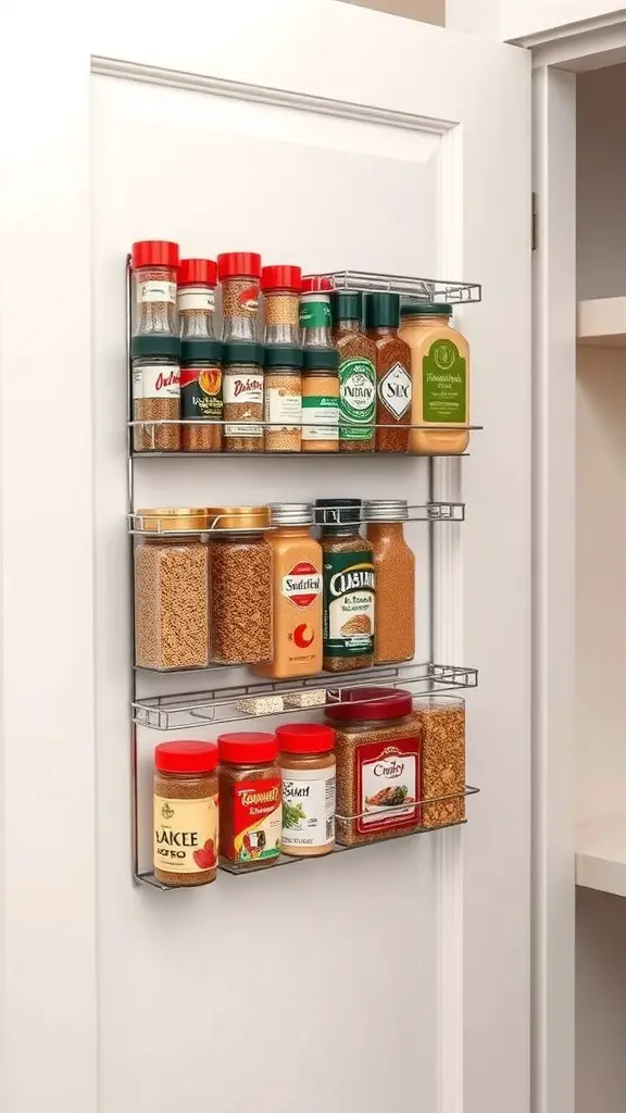 17+ Stylish DIY Pantry Shelf Ideas to Organize Your Space 13 Magnetic spice rack mounted on a pantry door, displaying various spice jars.