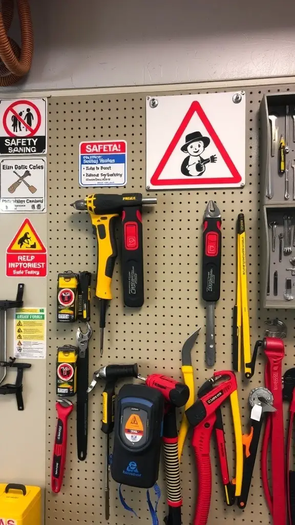 A well-organized tool wall featuring various tools and safety signs.
