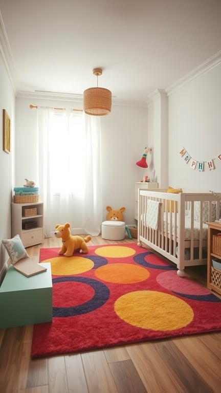 31+ Creative Small Nursery Ideas for Space-Saving Solutions 11 A colorful nursery with a red rug featuring large circles, a crib, and playful decor.