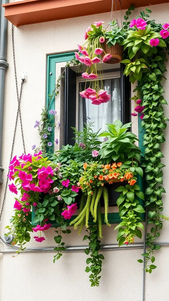 23+ Inspiring Outdoor Balcony Ideas to Elevate Your Space 7 A vertical garden featuring a variety of colorful hanging plants and flowers.