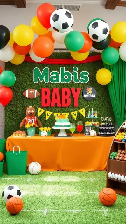 23+ Unique January Baby Shower Themes You’ll Love 12 A vibrant sports-themed baby shower setup with balloons, a teddy bear, and a decorated table.