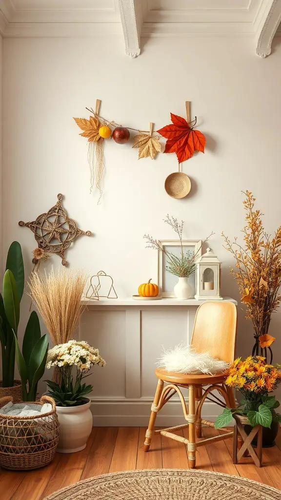 23+ Cozy Small Facial Room Ideas for a Relaxing Retreat 12 A cozy autumn-themed decor in a small room featuring dried leaves, pumpkins, and potted plants.