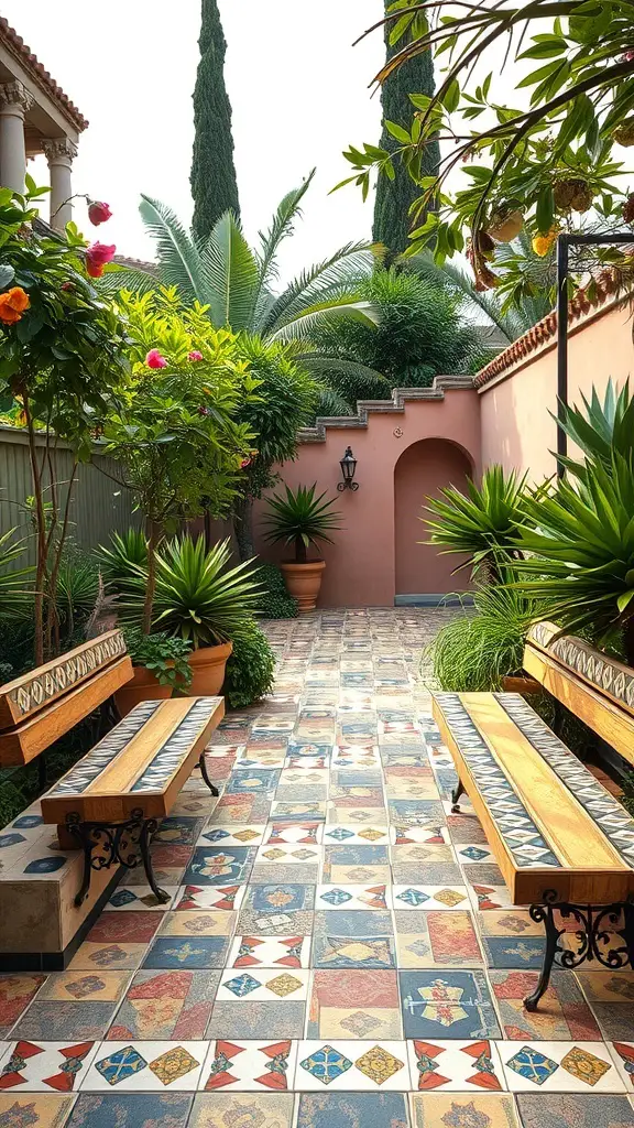 A Mediterranean backyard featuring colorful mosaic tiles, lush greenery, and wooden benches.