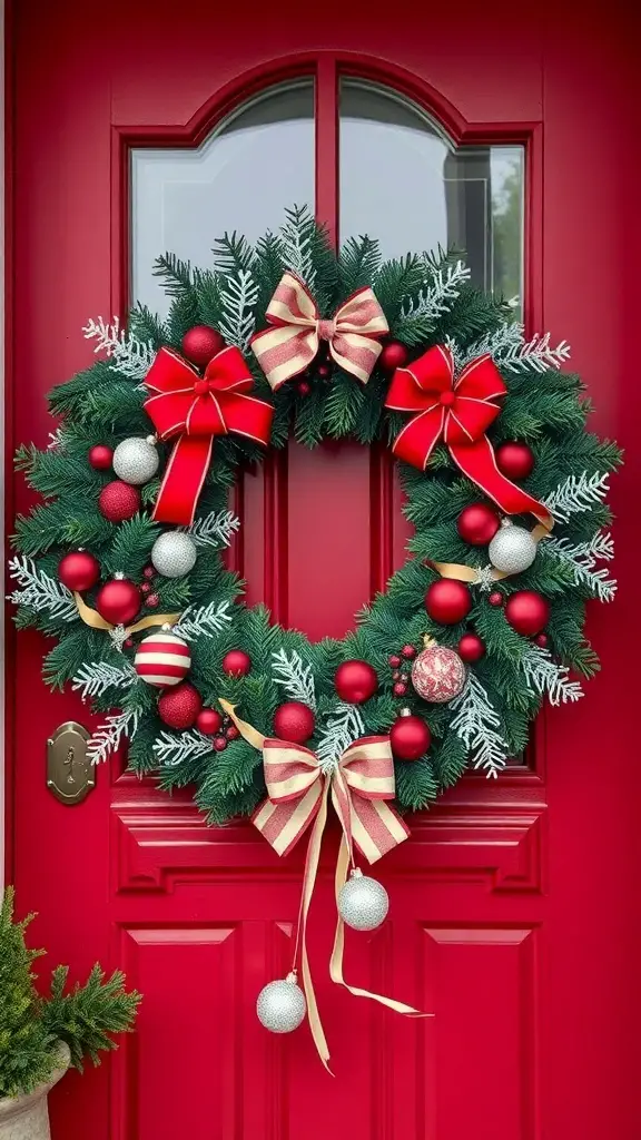 A festive red and white wreath with ornaments and bows hanging on a red door.