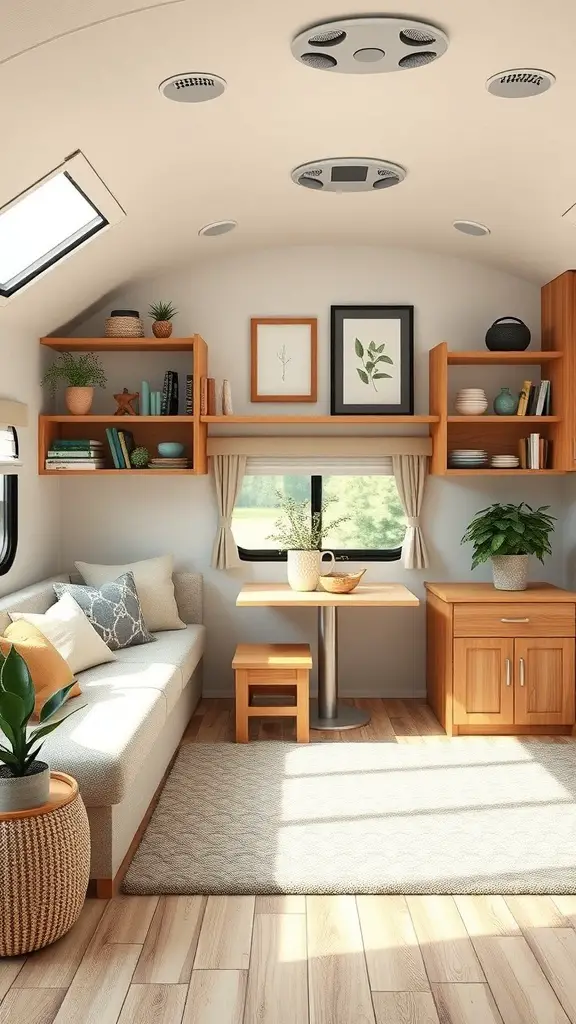 23+ Cozy RV Living Room Ideas for Ultimate Comfort 11 Cozy RV living room with shelves, plants, and a small dining table.