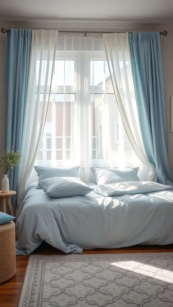 A cozy bedroom with soft blue bedding, light blue curtains, and a textured rug.