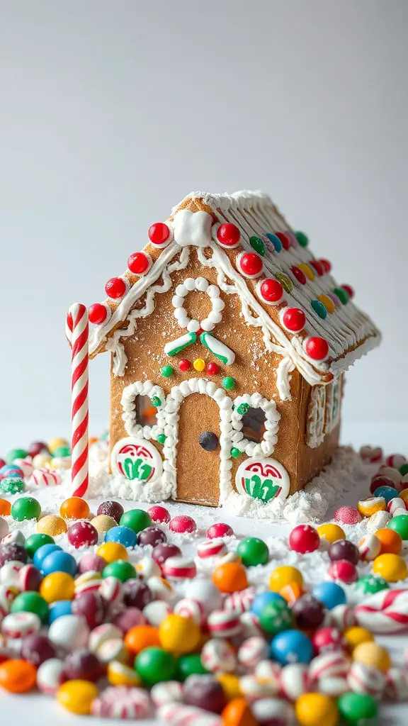 23+ Creative Christmas Crafts for Adults to Try This Holiday Season 16 A decorated gingerbread house surrounded by colorful candies.