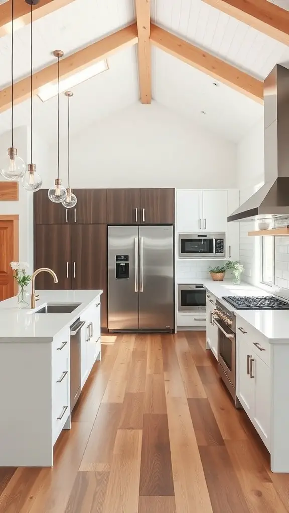 19+ Charming Barndominium Ideas for Cozy Living 15 A modern kitchen in a small barndominium featuring white and dark wood cabinetry, stainless steel appliances, and a large island with pendant lighting.
