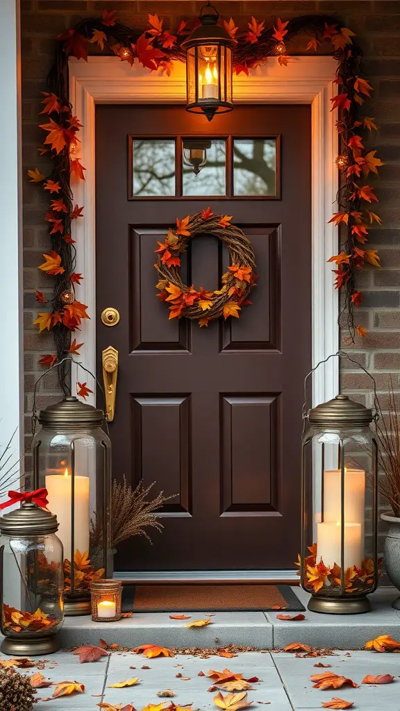 23+ Charming Fall Door Decorations to Welcome the Season 10 A cozy fall door decoration featuring mason jar lanterns, autumn leaves, and a wreath.