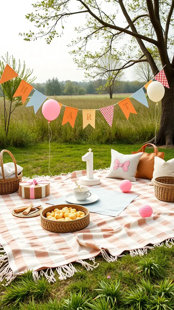 19+ Fun and Creative 1st Birthday Party Ideas for Your Little One 14 A cozy outdoor picnic setup for a first birthday party with a blanket, snacks, and decorations.