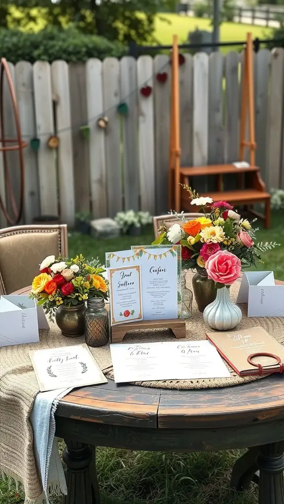 21+ Backyard Engagement Party Ideas for an Unforgettable Celebration 15 A beautifully arranged table for a backyard engagement party with floral centerpieces and themed invitations.