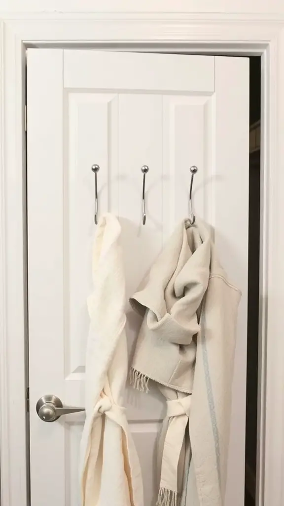 Hooks on a closet door holding towels and throws