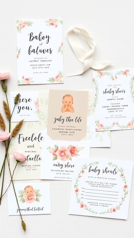 29+ Homegrown Baby Shower Theme Ideas with 15 Must-Have Items 2 A collection of handmade baby shower invitations featuring floral designs and playful baby illustrations.
