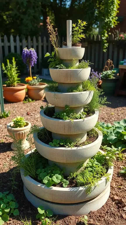 19+ Stunning Tiered Garden Ideas to Elevate Your Outdoor Space 16 A tiered herb spiral garden filled with various herbs, showcasing a unique and efficient gardening design.