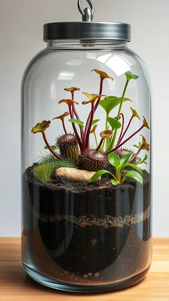 A layered terrarium featuring various carnivorous plants, showcasing vibrant colors and contrasting soil layers.