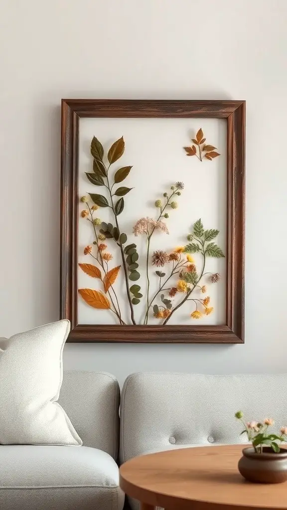 25+ Must-Try Fall Crafts for Adults 5 A framed piece of wall art featuring dried leaves and flowers, displayed above a light-colored sofa.