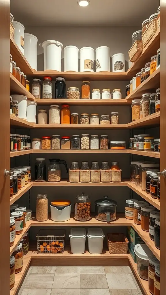 25+ Creative Corner Kitchen Pantry Ideas You’ll Love 10 A corner kitchen pantry with multiple shelves filled with jars and containers, showcasing organized storage.
