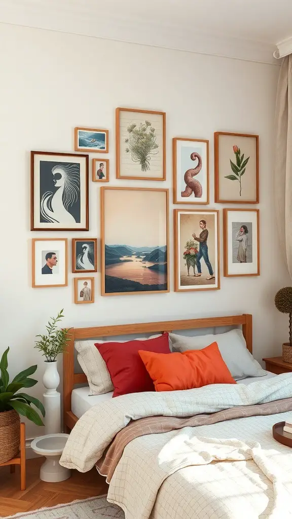 A creative arrangement of wall art in a cozy bedroom, featuring various framed pictures and a stylish bed.