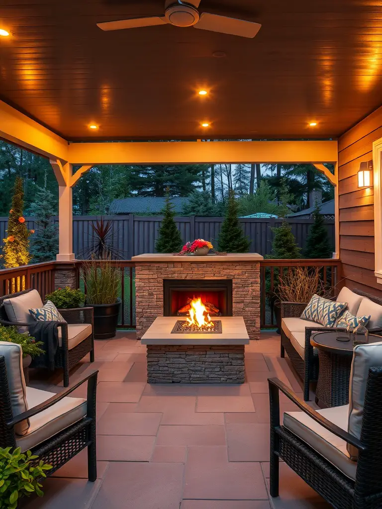 21+ Stunning Electric Fireplace Wall Ideas to Transform Your Space 16 Cozy outdoor patio with an electric fireplace, comfortable seating, and warm lighting.
