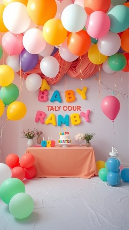 23+ Unique January Baby Shower Themes You’ll Love 2 A colorful baby shower setup with balloons, decorations, and a festive table.