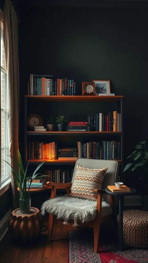 A cozy reading corner in a dark boho living room featuring a plush armchair, a bookshelf, and warm lighting.