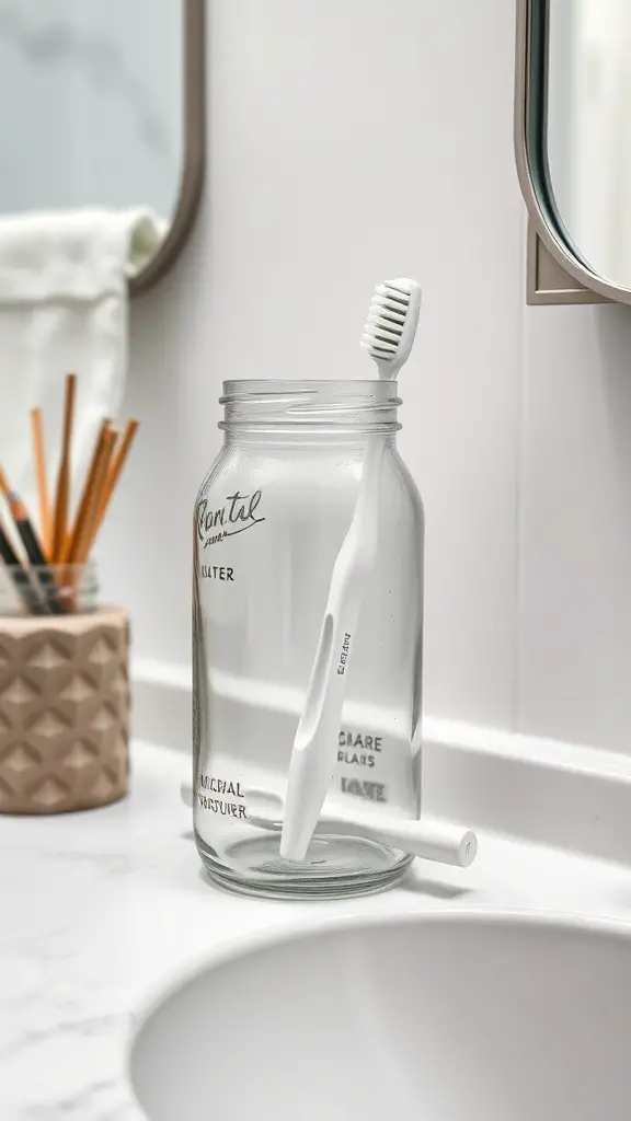 A bathroom countertop featuring a glass jar with a toothbrush and a textured container with brushes.
