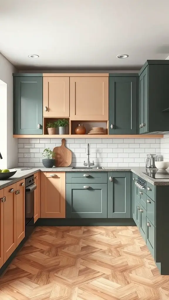 15+ Stunning Unfitted Kitchen Ideas to Transform Your Space 3 A kitchen featuring mix-and-match cabinet styles with peach and green colors.
