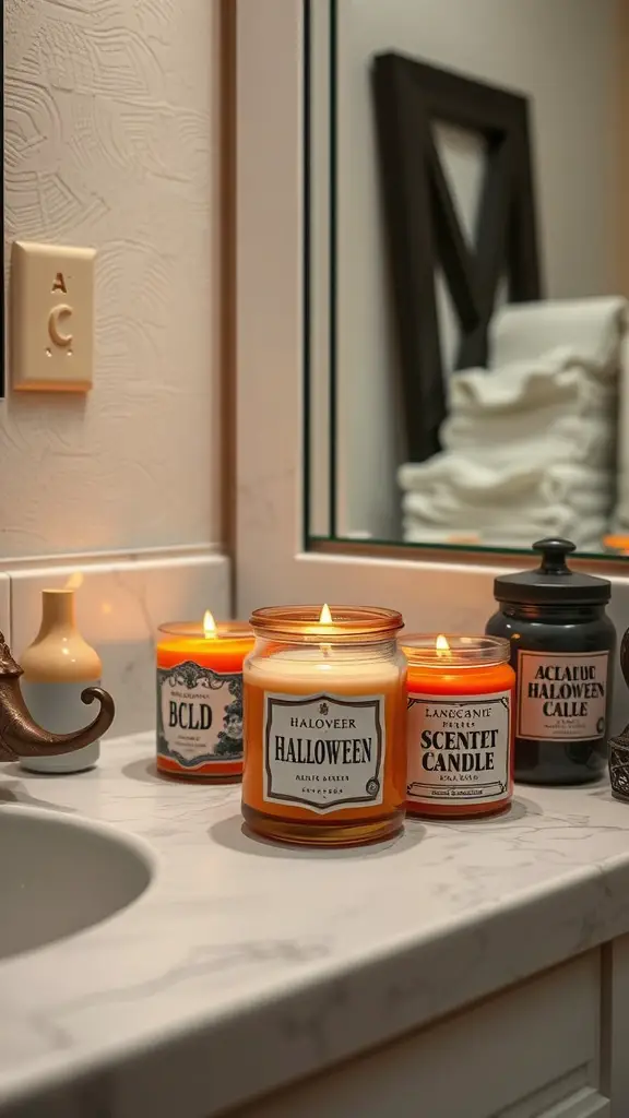 27+ Spooktacular Halloween Bathroom Decor Ideas 11 A bathroom counter with several Halloween-themed scented candles, creating a cozy and spooky atmosphere.
