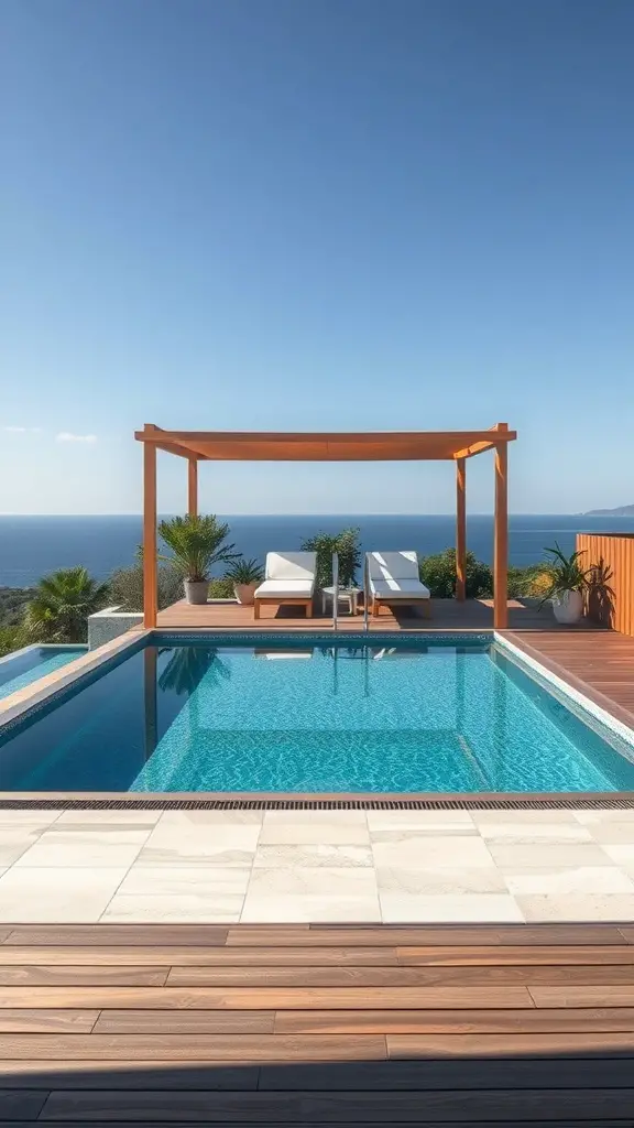 17+Creative Sunken Above Ground Pool Ideas for Your Backyard 6 A sunken pool surrounded by a wooden floating deck and lounge chairs, with a clear blue sky in the background.