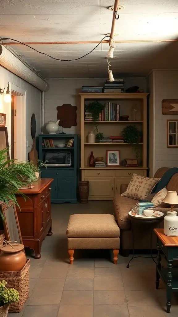 19+ Cozy Unfinished Basement Ideas to Transform Your Space 12 Cozy unfinished basement with vintage furniture and decor