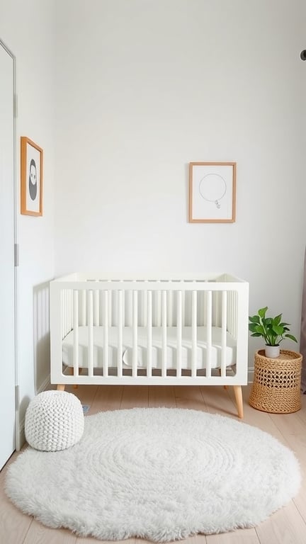 31+ Creative Small Nursery Ideas for Space-Saving Solutions 5 A compact nursery featuring a space-saving crib, round rug, and potted plant.