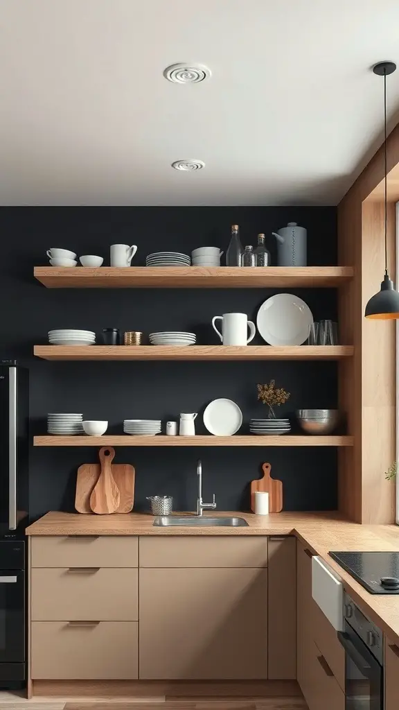 27+ Stunning Black and Natural Wood Kitchen Designs You’ll Love 4 A modern kitchen featuring open shelving with natural wood accents and a black wall.