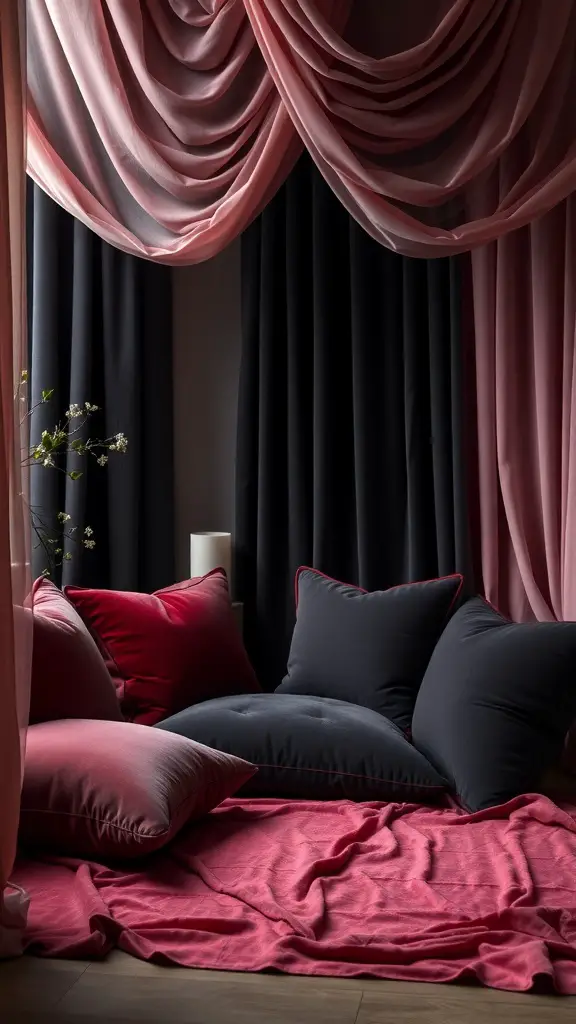 25+ Stunning Dark Feminine Decor Ideas for Your Room 5 A cozy corner with plush pillows and flowing drapes in dark feminine colors.