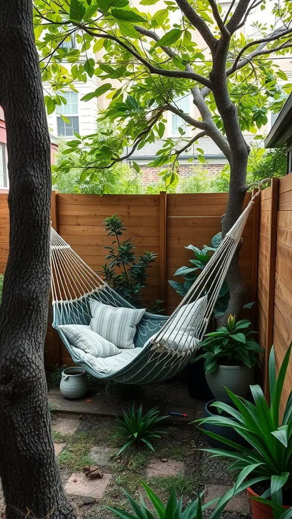 23+ Creative Small City Backyard Ideas for Your Outdoor Space 4 A cozy hammock nook surrounded by greenery and wooden fencing.