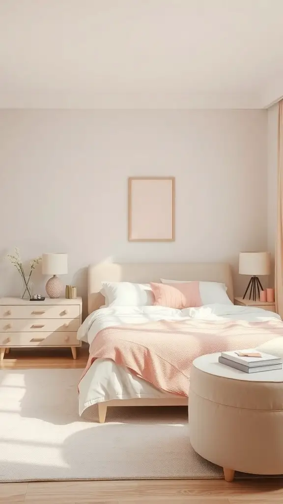 27+ Stunning Beige and Pink Bedroom Ideas for a Cozy Retreat 8 A cozy bedroom featuring beige furniture and soft pink accents, with natural light illuminating the space.