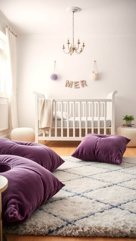 29+ Adorable Purple Nursery Ideas for Your Little One 2 A cozy nursery featuring plush purple pillows on a fluffy rug, a white crib, and decorative elements.
