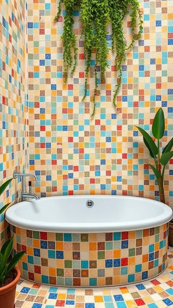 23+ Stunning Ideas for Decorating Your Garden Tub in the Master Bath 20 Colorful mosaic tiles surrounding a garden tub with plants
