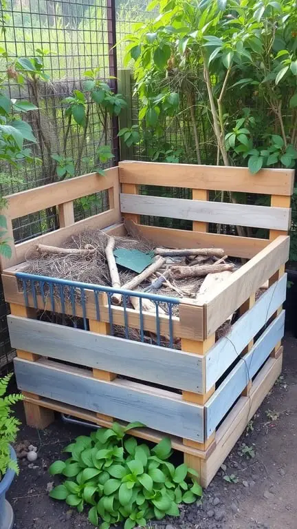 21+ Creative Pallet Garden Ideas You Need to Try 7 A wooden pallet compost bin surrounded by greenery