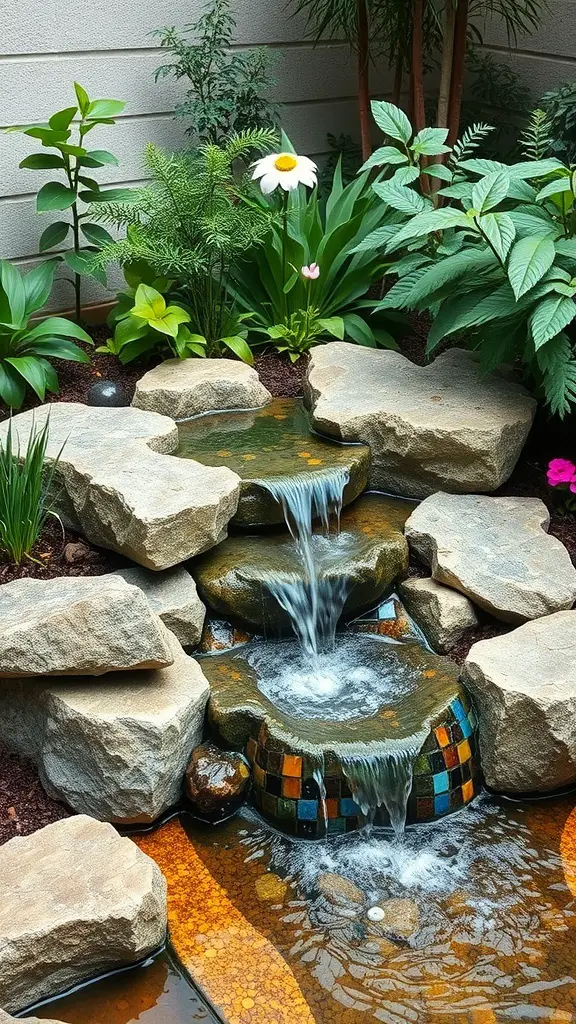 19+ Beautiful Small Garden Waterfalls to Transform Your Outdoor Space 18 A small garden waterfall with colorful mosaic tiles and surrounding greenery.