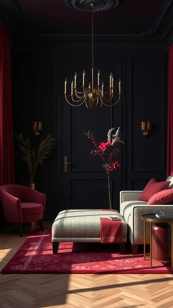 25+ Stunning Dark Feminine Decor Ideas for Your Room 10 A dark feminine room featuring black walls, red accents, and elegant furniture.