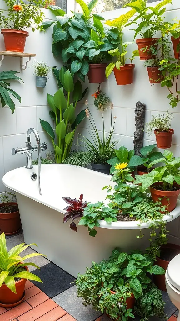 23+ Stunning Ideas for Decorating Your Garden Tub in the Master Bath 14 A garden tub surrounded by various potted plants, creating a lush and inviting atmosphere.