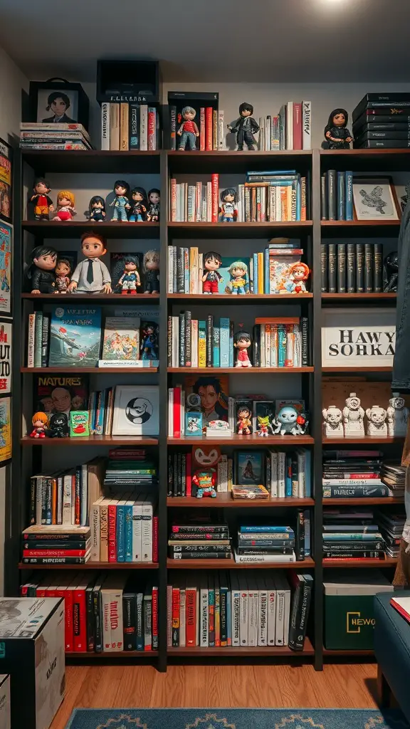 A colorful shelving unit filled with books and anime figurines, showcasing an otaku's collection.