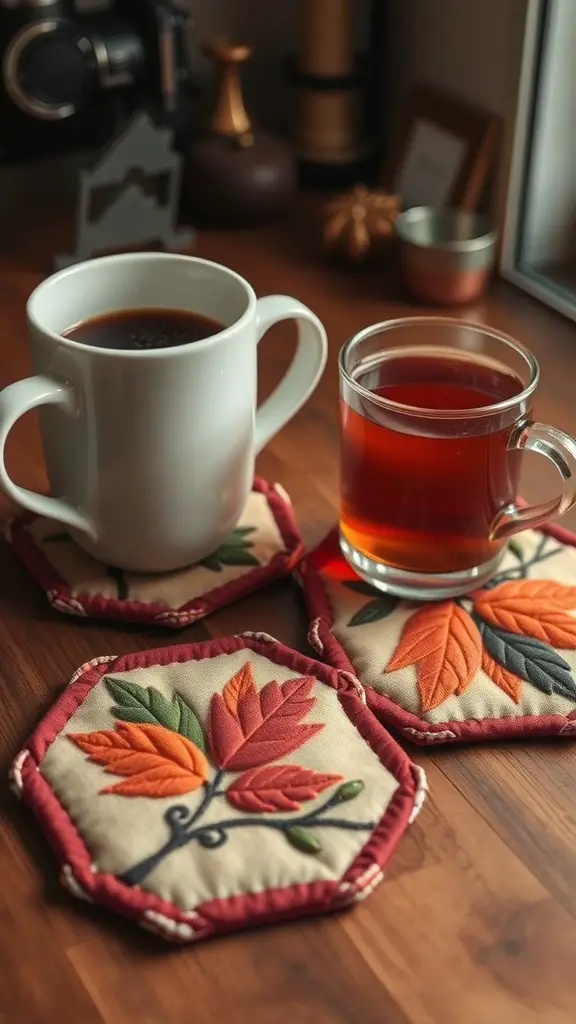 37+ Charming Fall Sewing Projects to Cozy Up Your Home 16 Two beverages on quilted coasters with leaf designs in autumn colors