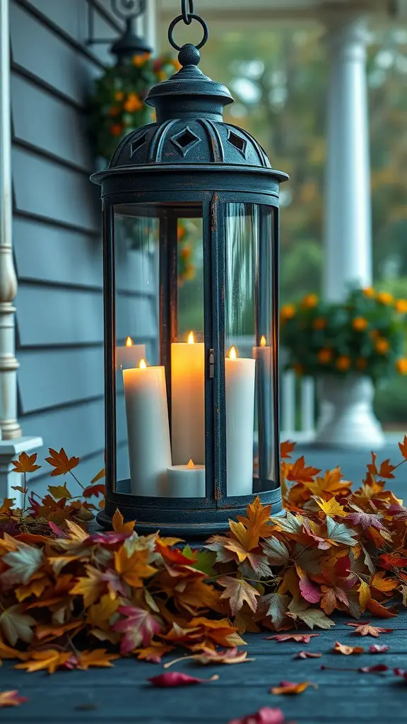 Rustic lantern with candles surrounded by autumn leaves