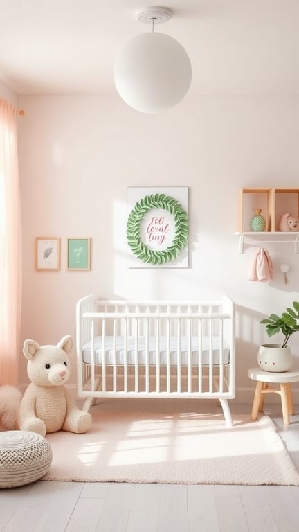 31+ Gorgeous Pink and Green Nursery Ideas for a Dreamy Space 2 A cozy pink and green nursery featuring a crib, plush teddy bear, and leafy wall art.