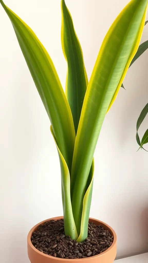 A healthy snake plant surrounded by coffee grounds on a wooden surface.