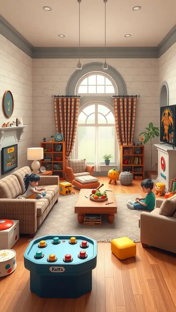 25+ Stylish Bloxburg Living Room Ideas You’ll Love 9 A cozy family-friendly living room with a play area for kids, featuring a couch, colorful play table, and bright decor.