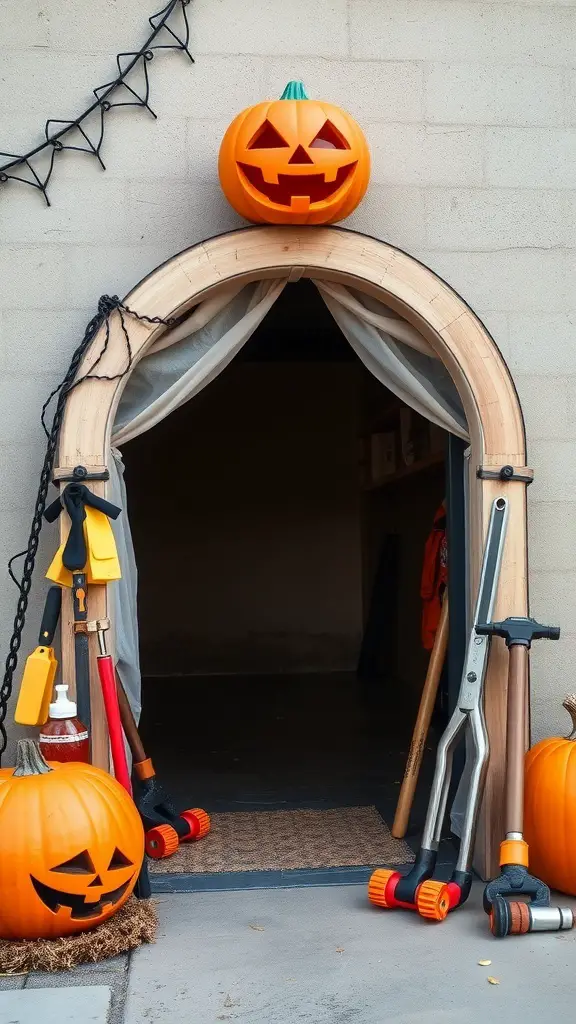 A Halloween archway with pumpkins and tools, emphasizing safety in DIY projects.